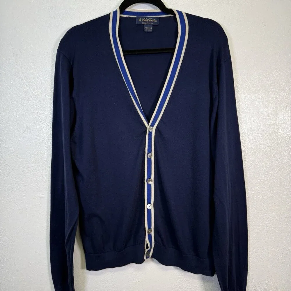 Brooks Brothers Button Up Color Block Cardigan Navy Blue Large Quiet Luxury